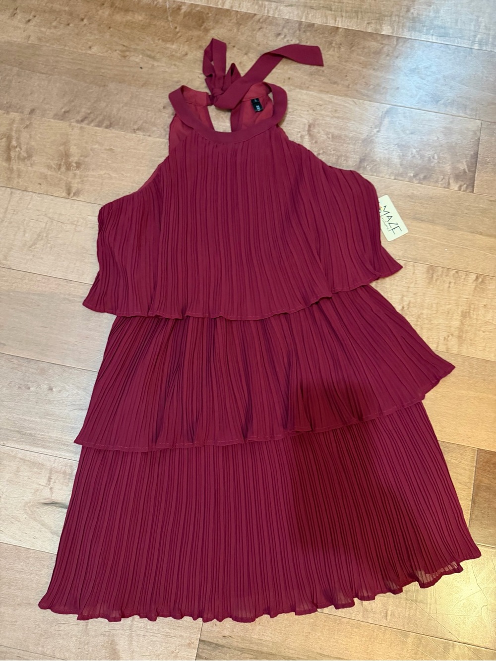 Tiered Halter Pleated Dress in Burgundy